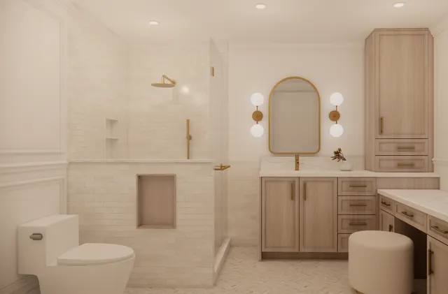 Design rendering of the ensuite: a glass shower behind a half wall with a niche, a pale oak vanity under an arched brass mirror, and a makeup counter
