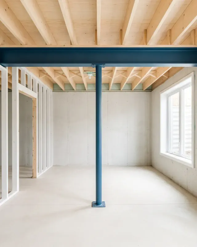 Unfinished basement with a new steel beam on a slim post under the joists