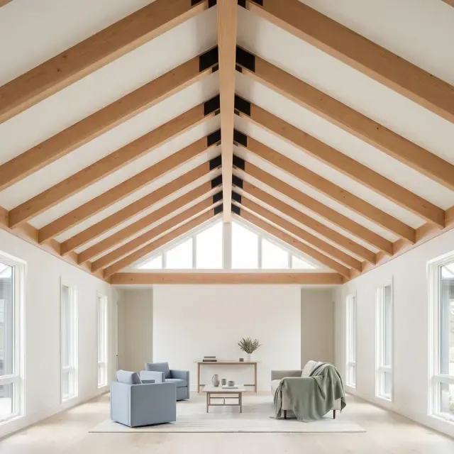 Vaulted addition with exposed timber rafters over a gable window