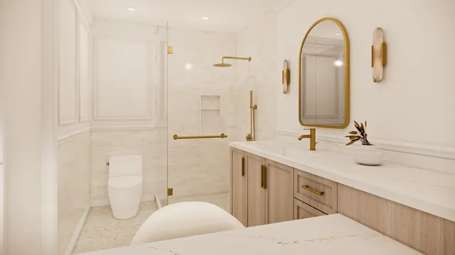 Design rendering of an ensuite: an oak vanity under an arched brass mirror, wainscoted walls and a glass shower with brass fixtures